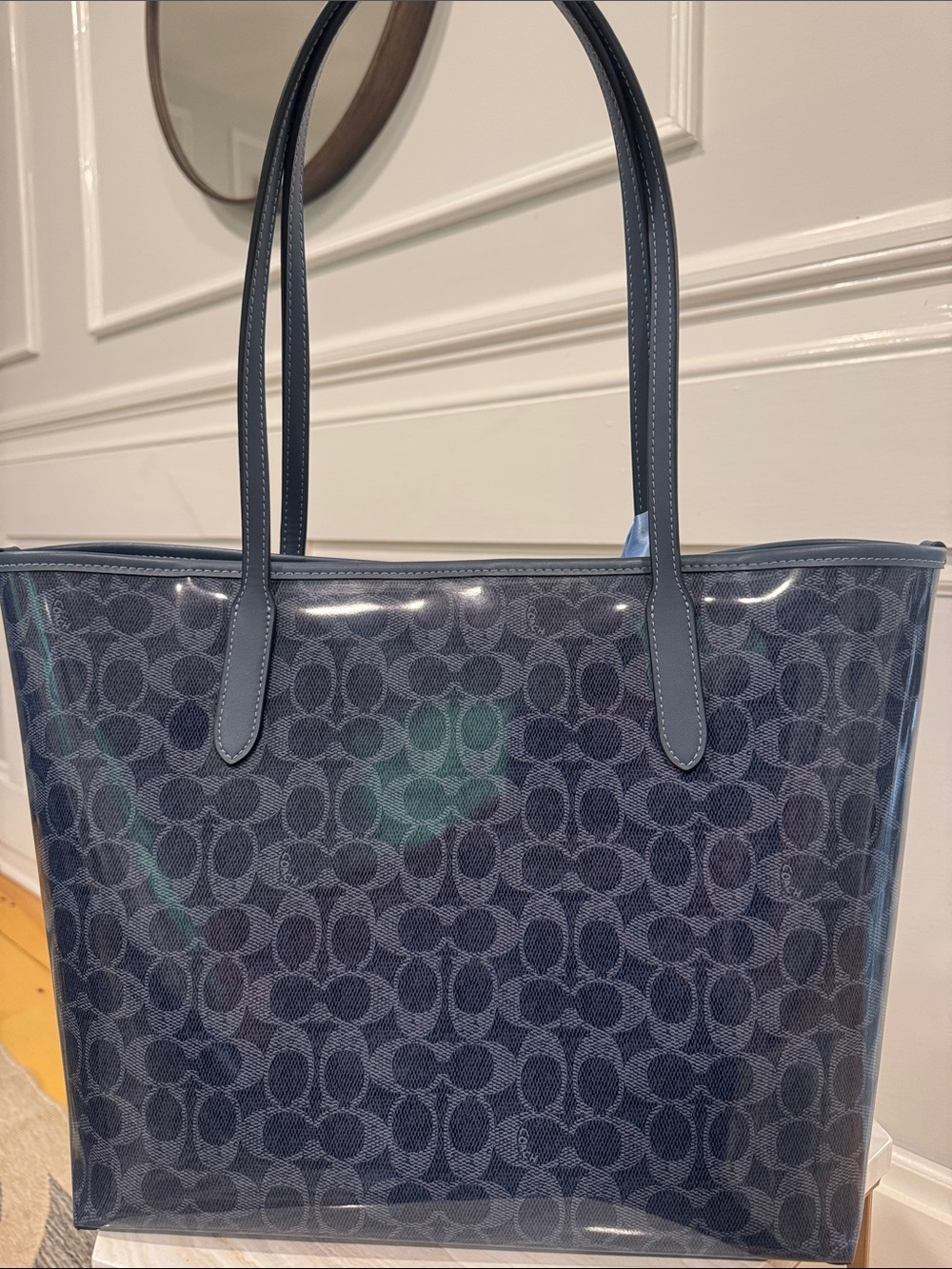 Coach Bag Denim Coated Canvas City Tote Patent Leather Dark Navy Tote NWOT RARE - Picture 7 of 17